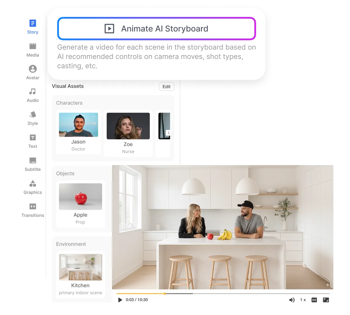 AI Director Mode converting approved AI storyboard scenes into full AI-generated video clips with consistent characters, objects, and environments